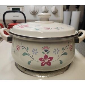 Vintage 6 quarts Enamel flower ‎ Pattern Pot w/Lid